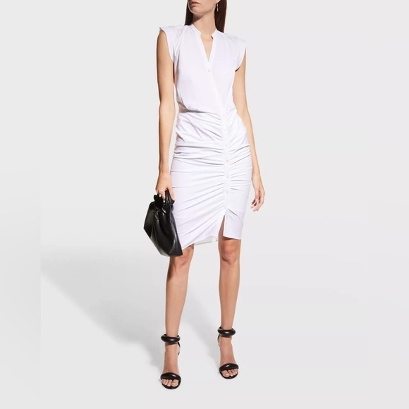 NWT VERONICA BEARD White Stretch Cotton Poplin Ruched Midi Shirt Dress sz 8 - Picture 1 of 10